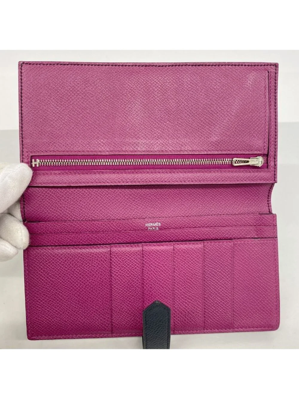 Hermes Wallet Bearn Soufflet Verso Veau Epsom Blue Indigo Rose Purple Silver